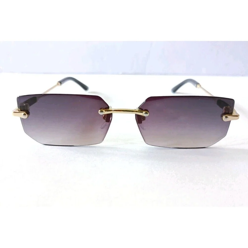 Rimless Sunglasses Purple Tinted Lenses Gold Frame